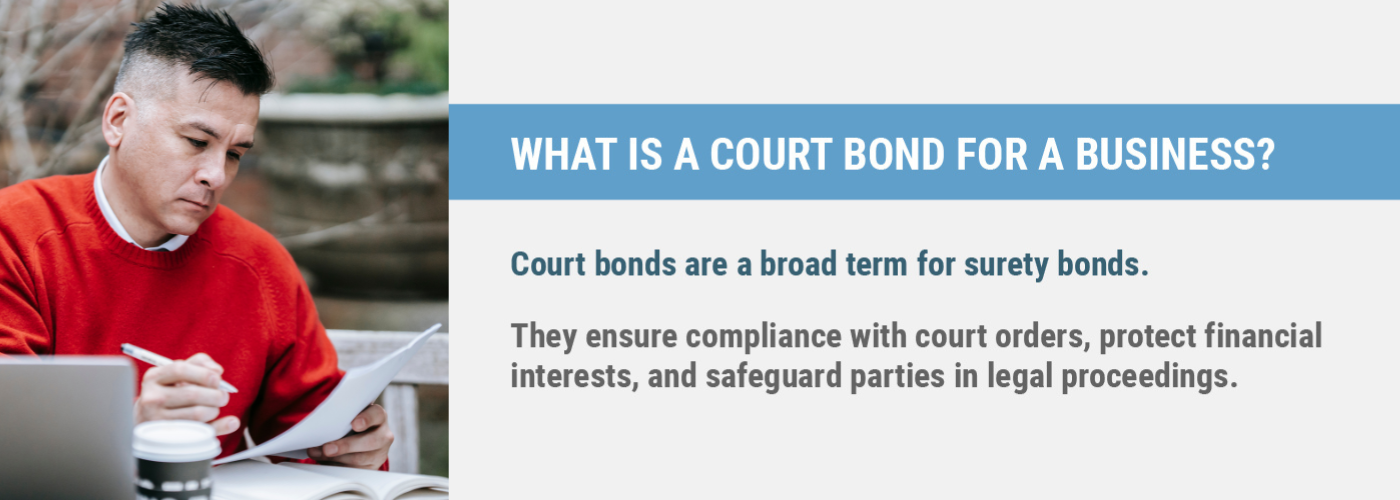 Court bonds are a broad term for surety bonds and ensure compliance with court orders, protect financial interests, and safeguard parties in legal proceedings.